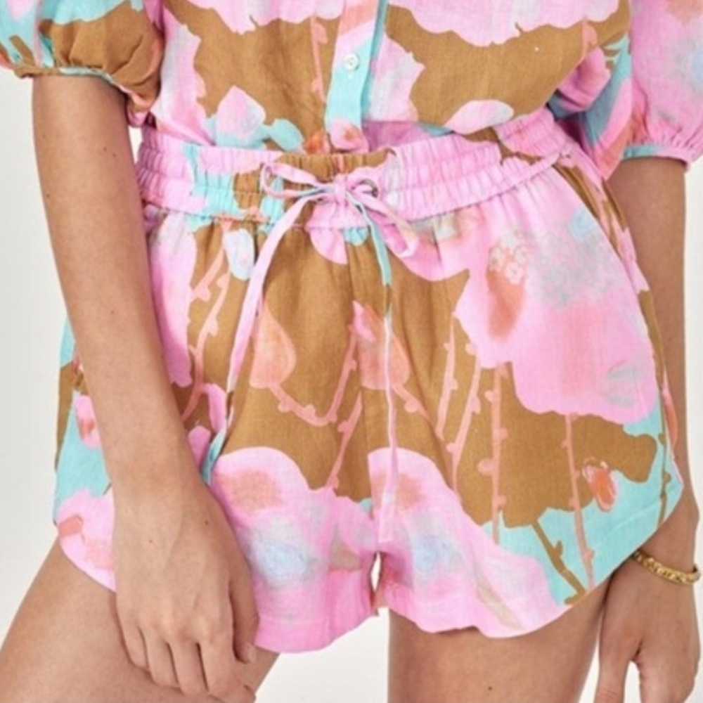 Lanhtropy Aquarela elastic linen shorts in a pink Colorful Floral Print Size Med